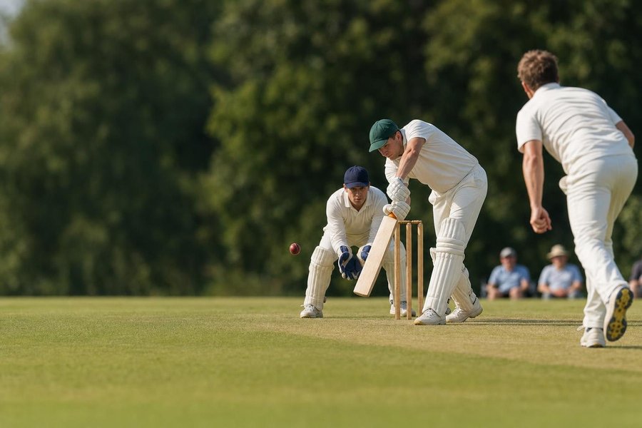 A batter in white plays a forward defensive shot, with the wicketkeeper crouching behind the stumps and a bowler in follow-through on a green outfield (AI-generated image)