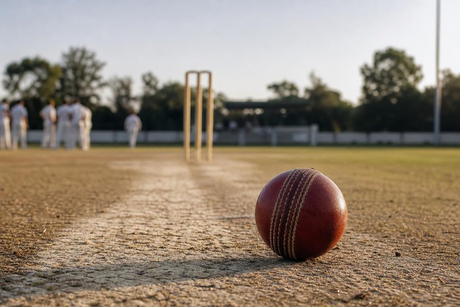 A cricket ball resting on the seam-polished pitch at the crease with stumps blurred behind it, late afternoon light. (AI-generated image)
