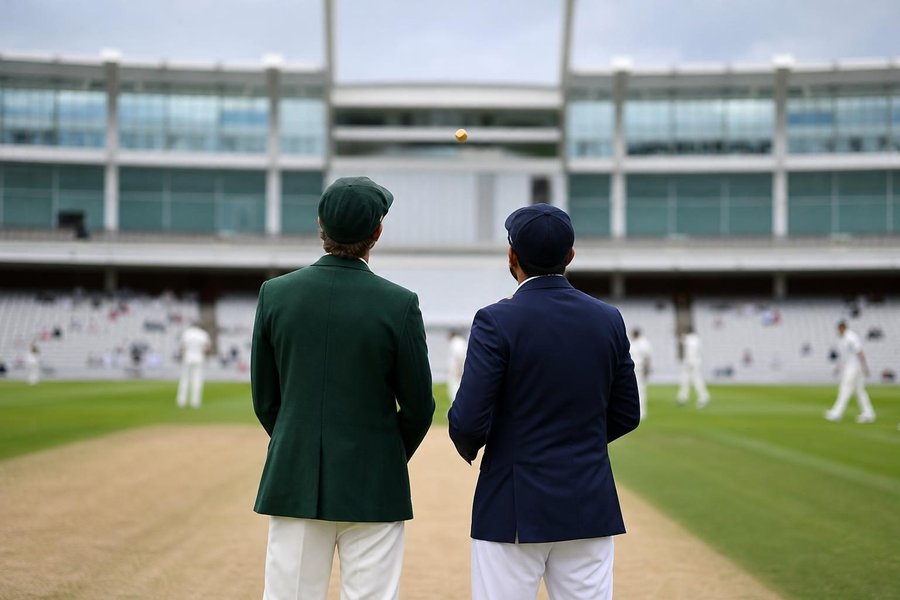 the coin toss before a match: two captains from behind at the centre of the pitch, a coin in the air, a quiet stadium beyond. (AI-generated image)