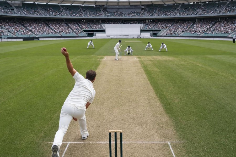 two bowlers' footmarks facing each other across a pitch seen from above, the creases and stumps at both ends in clear light, no people. (AI-generated image)