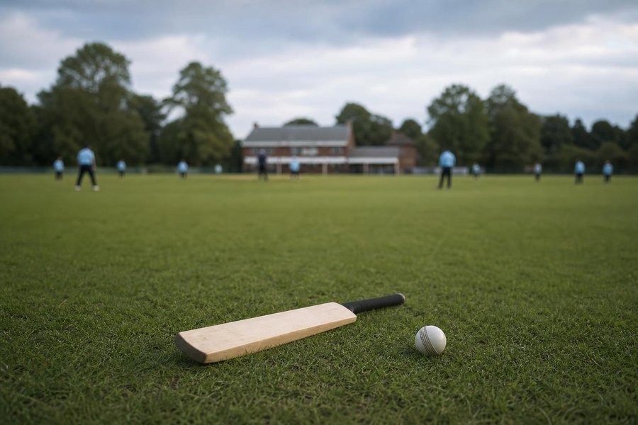 A women's one-day international on an English ground, cool light, a bat and a ball in the foreground on the grass, the fielders spread across the outfield far away. (AI-generated image)