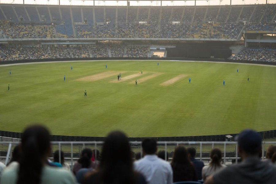 A women's cricket match at a large cricket stadium seen from high in the stands: a rectangular pitch with stumps at the centre of a circular oval, fielders in blue and in green, soft evening haze. A cricket ground only, no goals, no football markings. (AI-generated image)