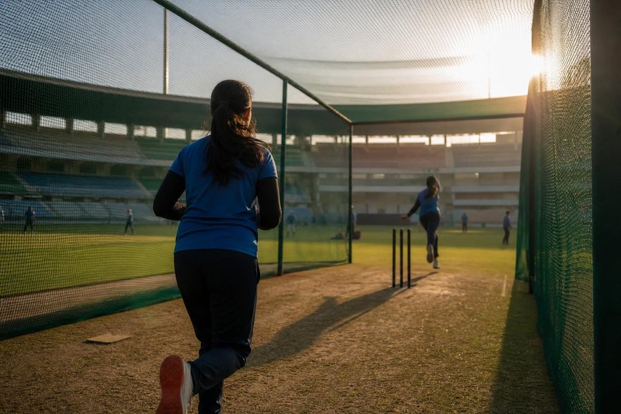 An Indian stadium with the afternoon sun low, a women's team in the nets warming up at the edge of the ground, no faces visible. (AI-generated image)