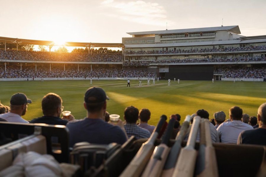 A packed county ground on a warm evening with sun low over the stands, spectators holding drinks, a batter small in the middle, bats and gear in the foreground out of focus. (AI-generated image)