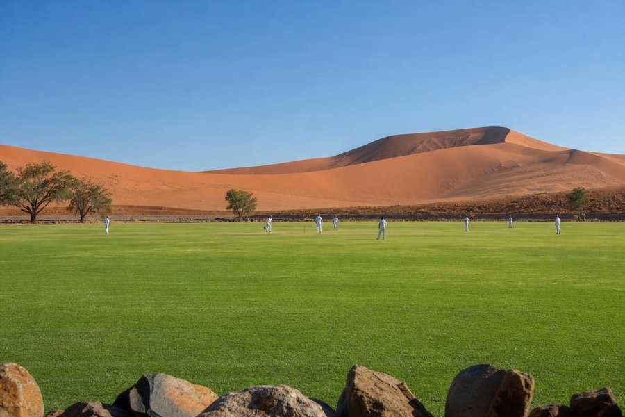 A cricket ground at the edge of the Namib desert, bright green outfield against red-orange dunes, clear blue sky, dry crisp light. (AI-generated image)