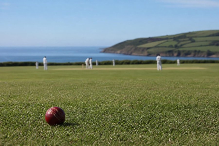 A cricket ground with rolling green hills and a stretch of sea behind it, ferns at the boundary, crisp clear light, a ball resting on the grass in the foreground. (AI-generated image)