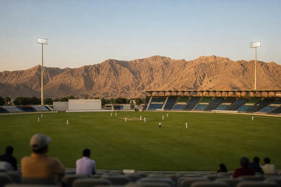 A cricket ground in front of ochre desert mountains, floodlit stadium with a smooth green square, golden hour light, dry air. (AI-generated image)
