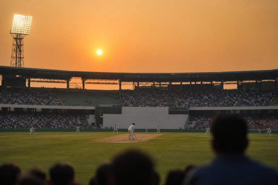 A cricket stadium at sunset with a hazy orange sky, floodlight towers, stands filling with spectators, a batter in white at the crease seen from far behind. (AI-generated image)