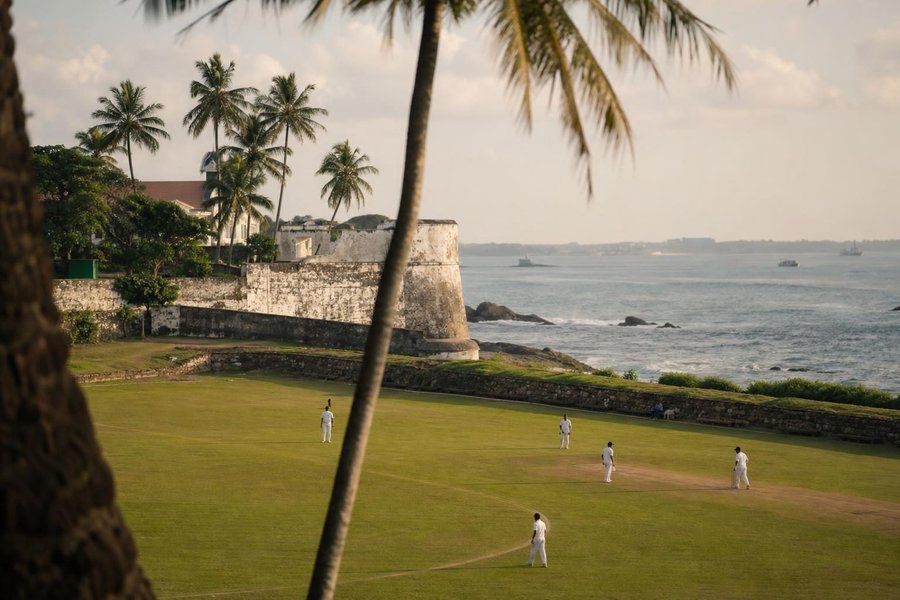 A cricket ground by the coast with palm trees and an old white fort wall behind, warm tropical light, a few players in the distance. (AI-generated image)