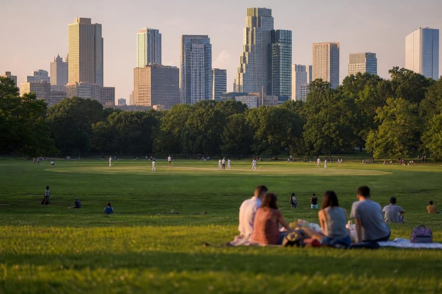 A cricket ground in a US city park at golden hour, tall city buildings in the background, a mown oval, picnickers and a few players in the distance. (AI-generated image)
