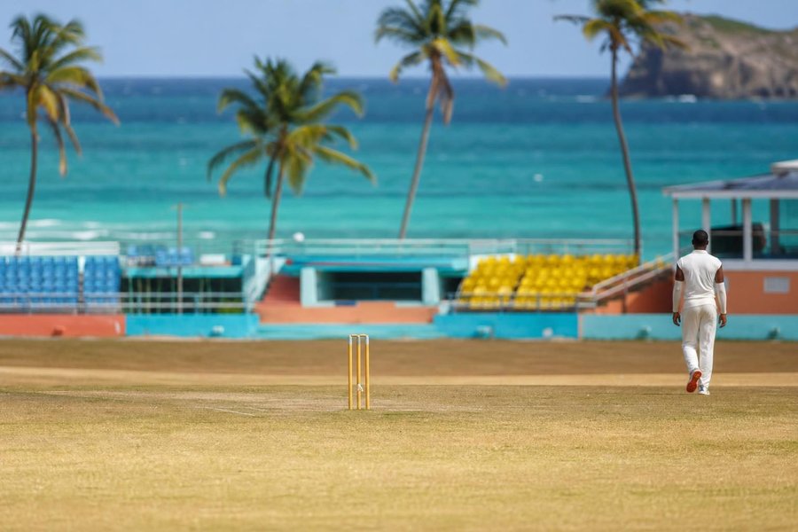 A Caribbean cricket ground fringed with palm trees and a turquoise sea behind, brightly painted stands, intense warm light, a fielder far off. (AI-generated image)