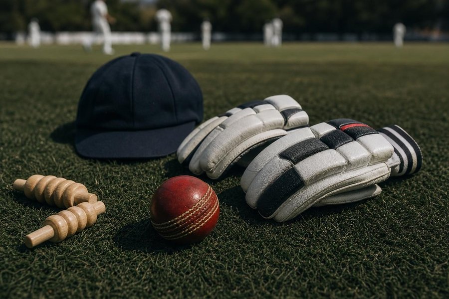 A flat lay on dark grass: a leather cricket ball, two bails, a pair of batting gloves and a cap, side light, no text. (AI-generated image)